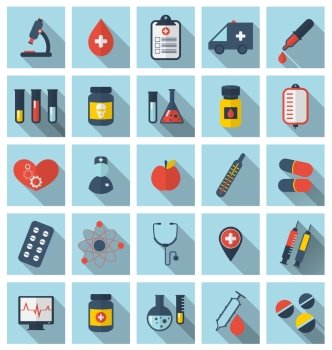 Illustration collection trendy flat medical icons with long shadows - vector