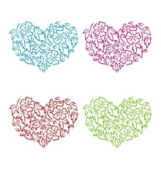 Illustration set ornamental hearts in floral hand drawn style for Valentine Day, isolated on white background - vector