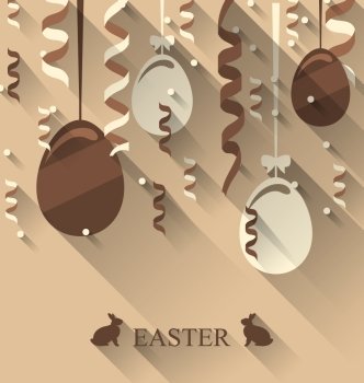 Illustration Easter background with chocolate eggs and serpentine, trendy flat style - vector