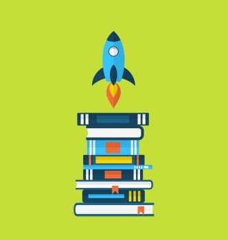 Illustration concept of start up idea, flat icons of heap textbooks and rocket - vector