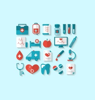 Illustration collection modern flat icons of medical elements and objects - vector