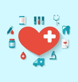Illustration collection modern flat icons of hearts and medical elements, simple style with long shadow - vector