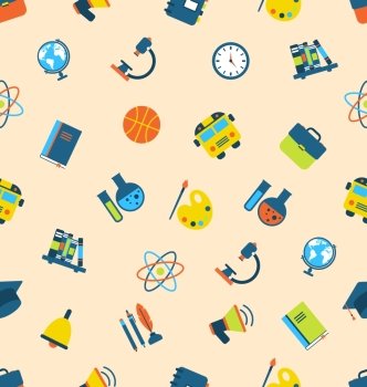 Illustration Seamless Pattern with Icons of Education Subjects, School Background - Vector