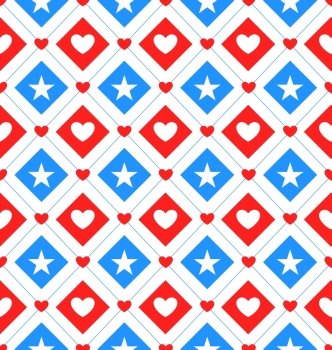 Illustration Seamless Texture Star and Heart in Rhombus for Independence Day of America, US National Colors - Vector