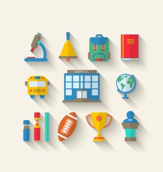 Illustration Flat Simple Icons of Elements and Objects for High School, Long Shadow Style Design - Vector