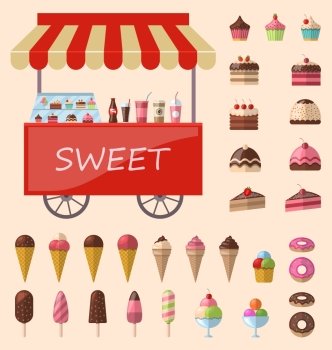 Delicious sweets and ice cream icons set. Delicious sweets and ice cream cart market icons set - vector