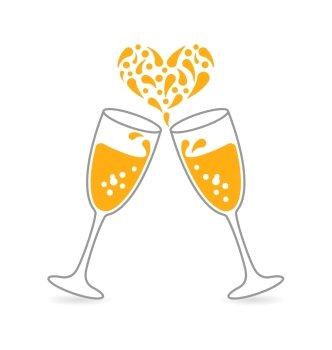 Illustration Wineglasses of Sparkling Champagne and Splashes in Form Heart for Happy Valentines Day. Place for Your Text. Minimal Concept - Vector