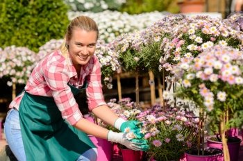 Garden center woman worker with daisy potted flowers smiling sunny