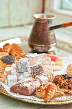 Turkish delight dessert rahat lokum different colors, and baklava