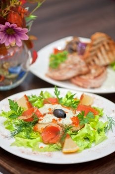 vegetable salad with smoked salmon . salmon salad 