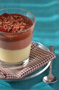 Layered chocolate dessert in glass