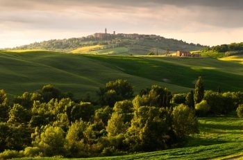 sunset view of Pienza, province of Siena, Val d’Orcia in Tuscany, Italy