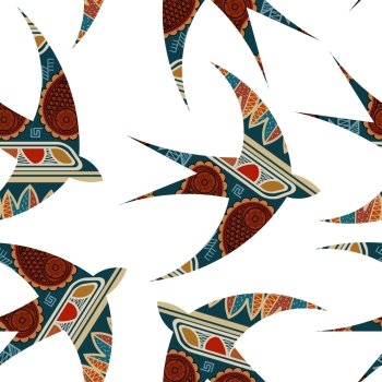 Vector seamless decorative tribal pattern with swallows