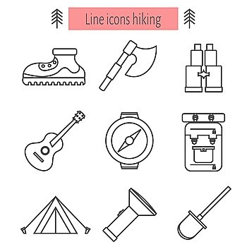 Set of linear icons. Linear icons hiking ax, binoculars, tents, guitar, backpack, flashlight, 
boots. Illustration of equipment for hiking. Stock vector