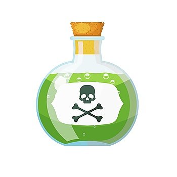 Glass bottle with cork stopper with a green liquid and a sign of skull and bones. The potion 
in a vial. Cartoon style. Stock vector illustration