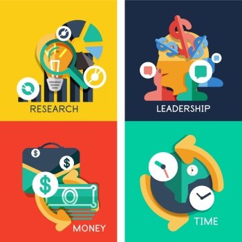 Set of flat design concepts - business idea, money, leadership, research, time