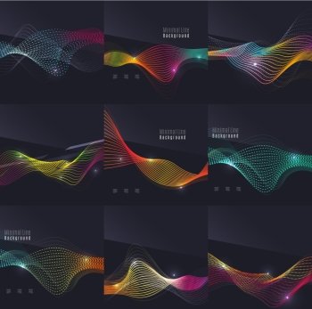 Set of futuristic colorful waves and lines on dark background. Set of futuristic colorful waves and lines on dark backgrounds. Smoke style design with glowing effects