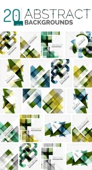Collection of abstract backgrounds - repetition of multicolored transparent squares and swirl lines, geometric pattern set. Colorful geometric universal templates, bright unusual banner designs, text presentation backdrops