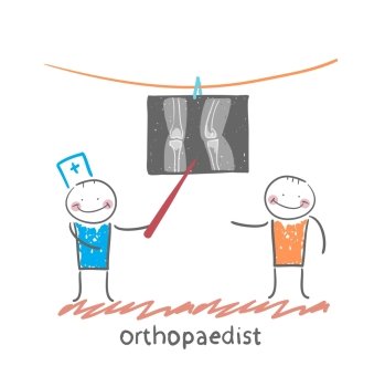 orthopaedist patient shows an X-ray. Fun cartoon style illustration. The situation of life.