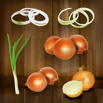 Onion set, vector icons on wooden board