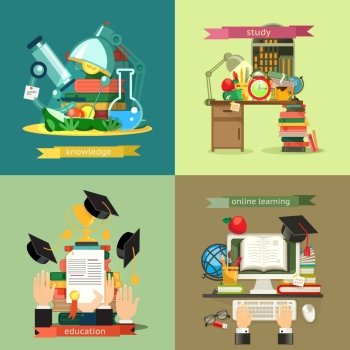 School and Education set, vector backgrounds flat design