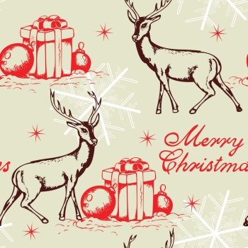 Vector seamless pattern with deer and Christmas gift