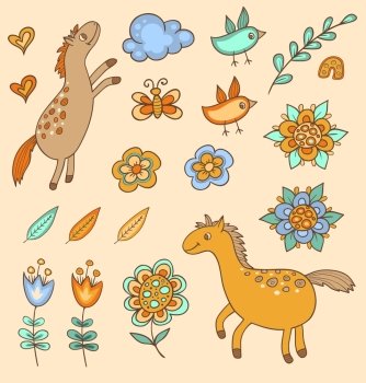 Set of doodle vector design elements, horses, flowers and birds