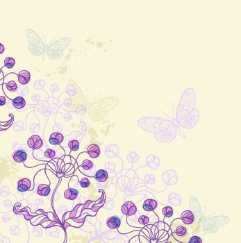 Hand drawn decorative vector background with violet flowers