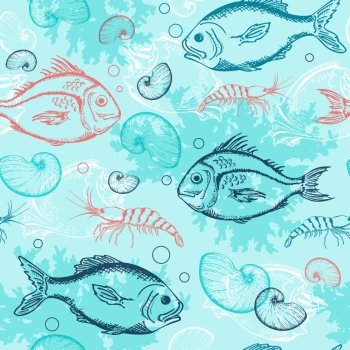 Vector blue marine seamless pattern with tropical fishes