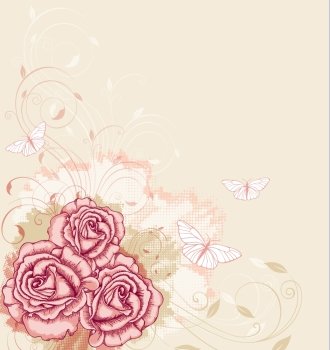 Vector decorative  background with pink roses and butterflies