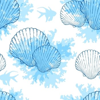 Blue marine vector seamless pattern with sea shells and fishes