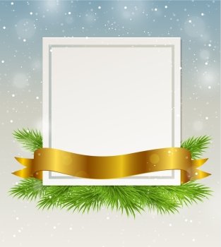 Decorative frame with golden ribbon and green fir branch. Christmas background.