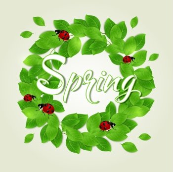 Round floral frame with green leaves and ladybug. Vector illustration.