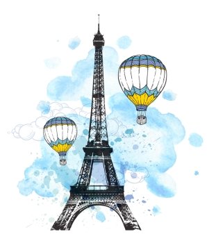 Eiffel Tower and air balloons on a blue watercolor background. 
