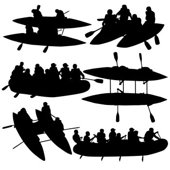 Silhouette collection people rafters on boats,  catamaran and kayaks.  Vector illustration.