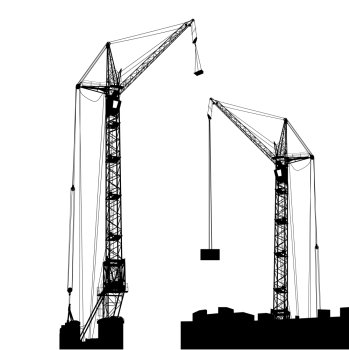 Silhouette of two cranes working on the building. Vector illustration.