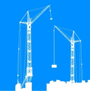 Silhouette of two cranes working on the building. Vector illustration.
