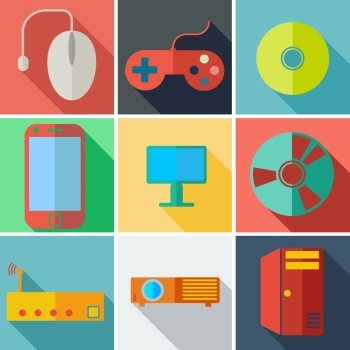 Collection modern flat icons computer mobile technology with long shadow effect for design. Vector illustration.