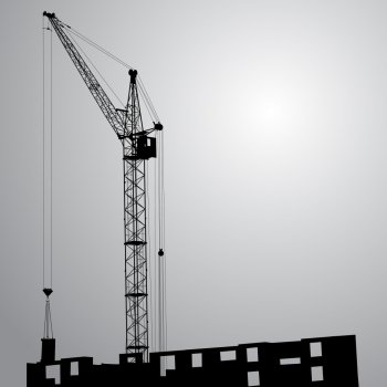 Silhouette of one cranes working on the building on a black background