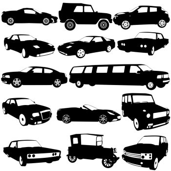 Set black silhouettes of different types of the cars on white background. Vector illustration.