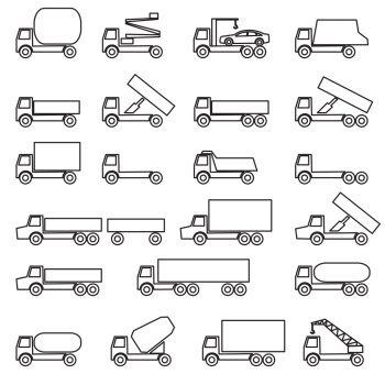 Set of vector icons - transportation symbols. Black on white. Vector illustration.