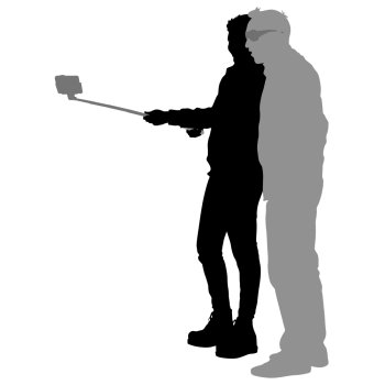 Silhouettes man and woman taking selfie with smartphone on white background. Vector illustration. Silhouettes man and woman taking selfie with smartphone on white background. Vector illustration.