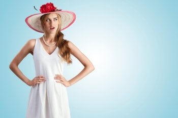 An enigmatic photo of the girl in vintage hat and white dress.