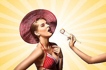 A creative retro photo of a young pin-up girl in bikini eating sushi from chopsticks on colorful abstract cartoon style background.