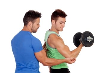 Couple of handsome muscled men training isolated on a white background