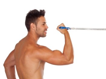 Muscular man training isolated on a white background