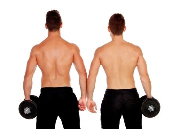 Couple of handsome muscled men back training isolated on a white background