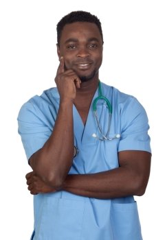 African american doctor with blue uniform thinking isolated on a over white background