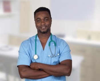 African american doctor with blue uniform in the hospital