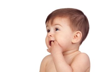 Adorable baby girl with the hands in her mouth isolated on white background